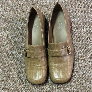 Jessica Simpson Taupe Croc-Embossed Loafers with Gold Buckle